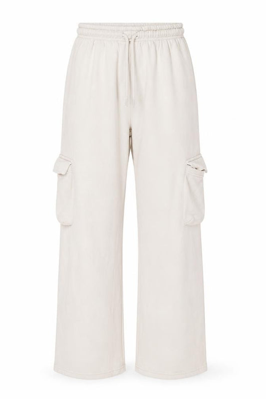 Front view of Boohoo Women’s Beige Cargo Fleece Trousers XS Elastic Waist