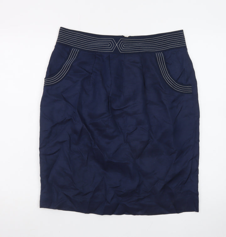 Jaeger Women's Blue Silk Pencil Skirt Size 14 Knee Length
