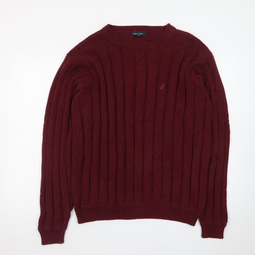 Nautica Men's Red Cotton Cable-Knit Crew Neck Jumper L