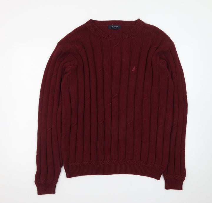 Nautica Men's Red Cotton Cable-Knit Crew Neck Jumper L