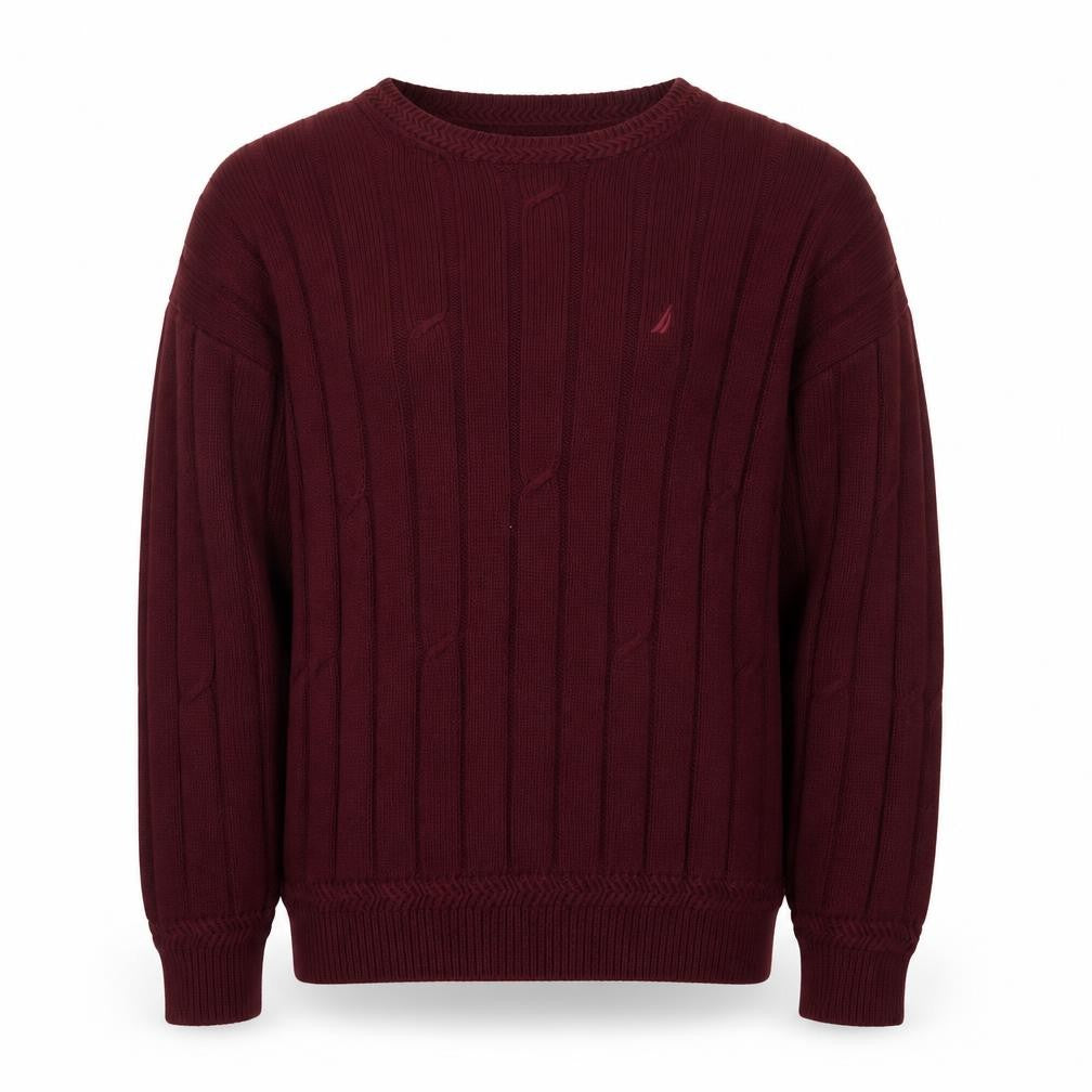 Front view of Nautica Men's Red Cotton Cable-Knit Crew Neck Jumper L