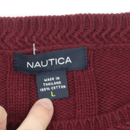 Nautica Men's Red Cotton Cable-Knit Crew Neck Jumper L
