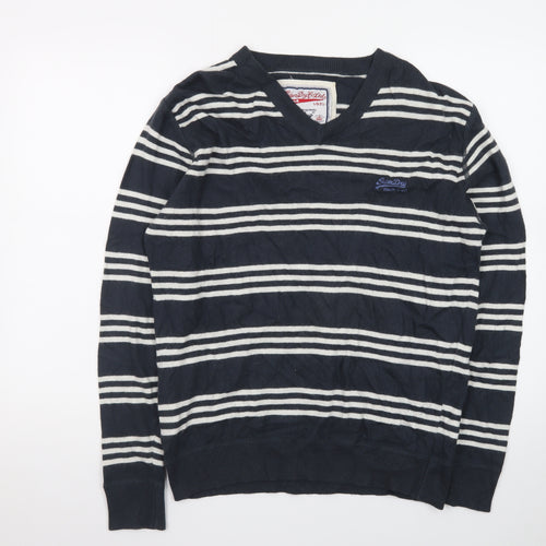 Superdry Men's Blue Striped V-Neck Cotton Jumper Size M