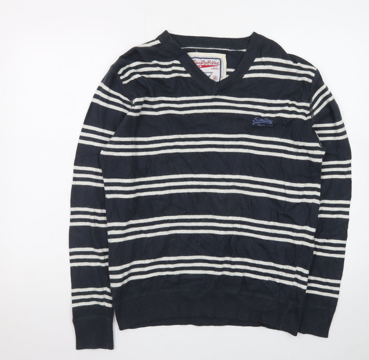 Superdry Men's Blue Striped V-Neck Cotton Jumper Size M