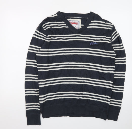 Superdry Men's Blue Striped V-Neck Cotton Jumper Size M