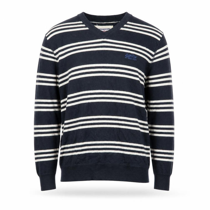 Superdry Men's Blue Striped V-Neck Cotton Jumper Size M