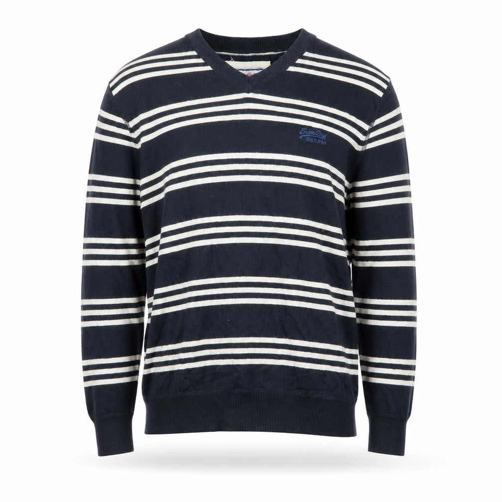 Front view of Superdry Men's Blue Striped V-Neck Cotton Jumper, size M