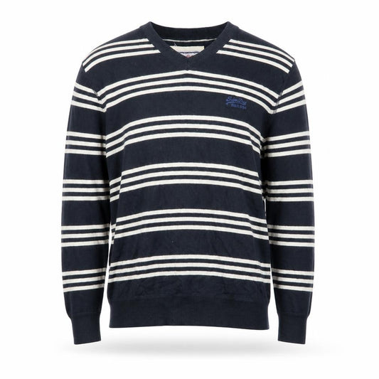 Front view of Superdry Men's Blue Striped V-Neck Cotton Jumper, size M
