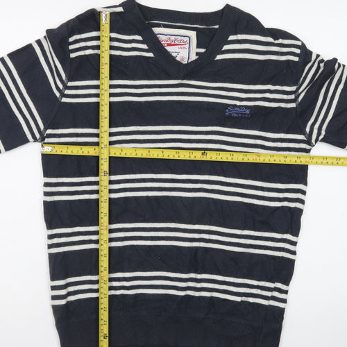 Superdry Men's Blue Striped V-Neck Cotton Jumper Size M