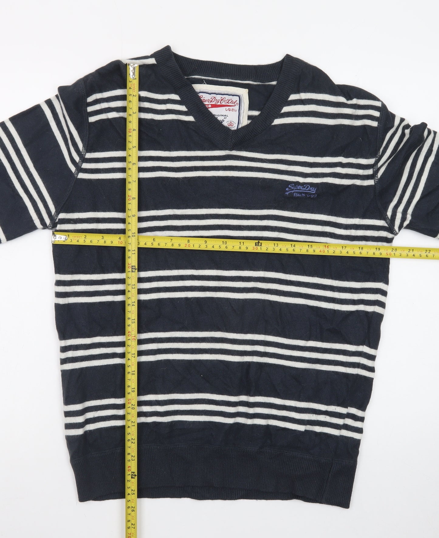 Superdry Men's Blue Striped V-Neck Cotton Jumper Size M