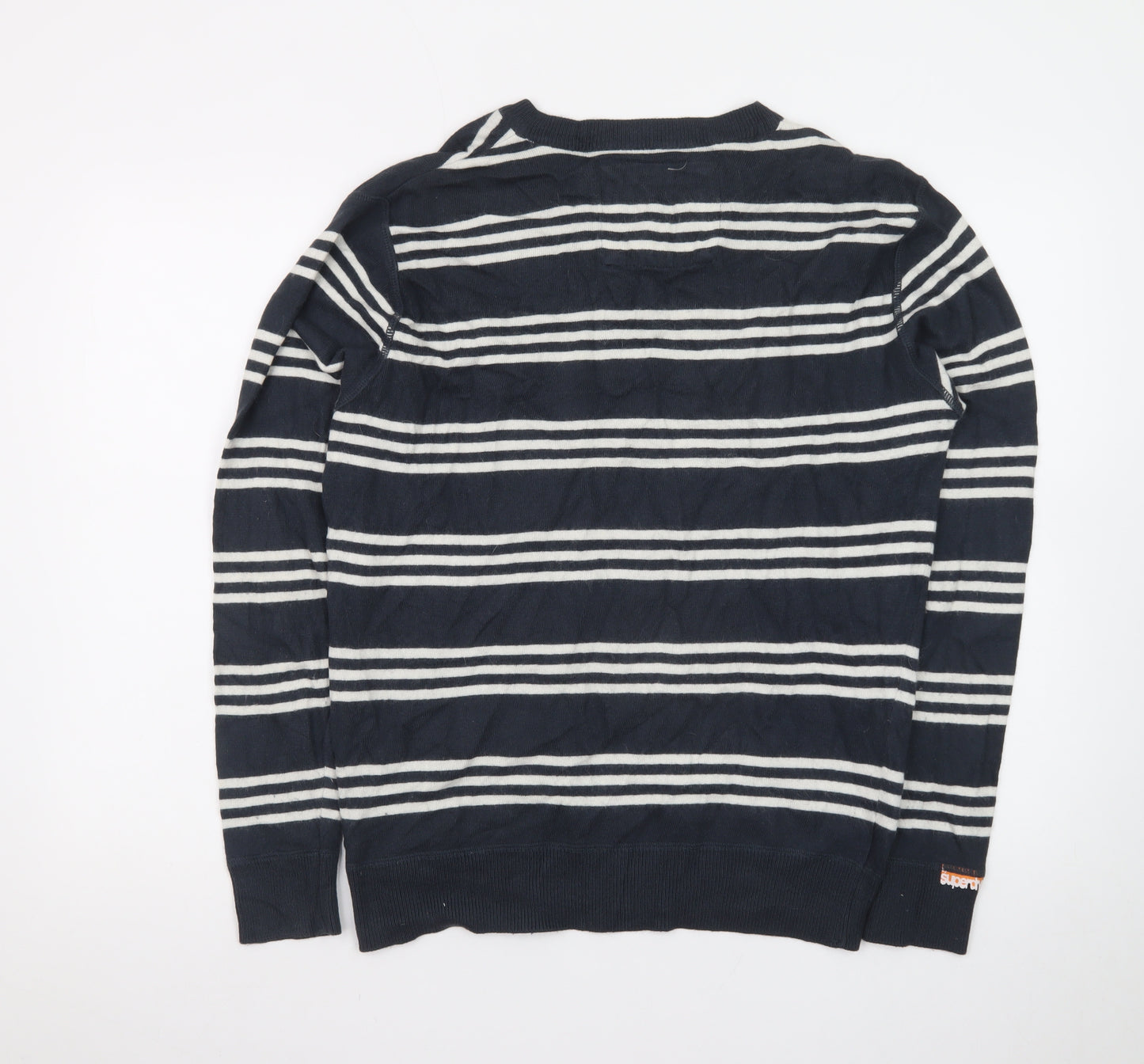 Superdry Men's Blue Striped V-Neck Cotton Jumper Size M
