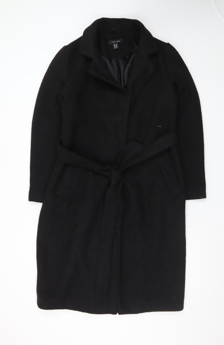 New Look Womens Black Long Belted Overcoat Size 12