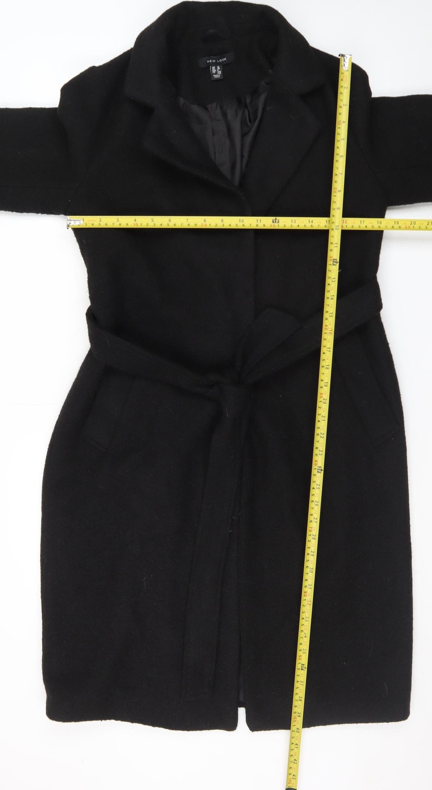 New Look Womens Black Long Belted Overcoat Size 12