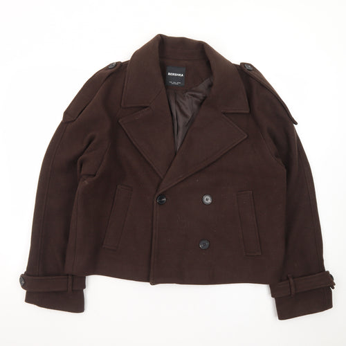 Bershka Women's Brown Wool Pea Coat Size 14 Cropped Buttoned Jacket