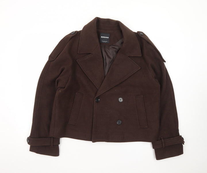 Bershka Women's Brown Wool Pea Coat Size 14 Cropped Buttoned Jacket