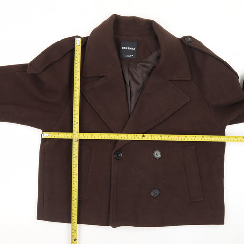 Bershka Women's Brown Wool Pea Coat Size 14 Cropped Buttoned Jacket