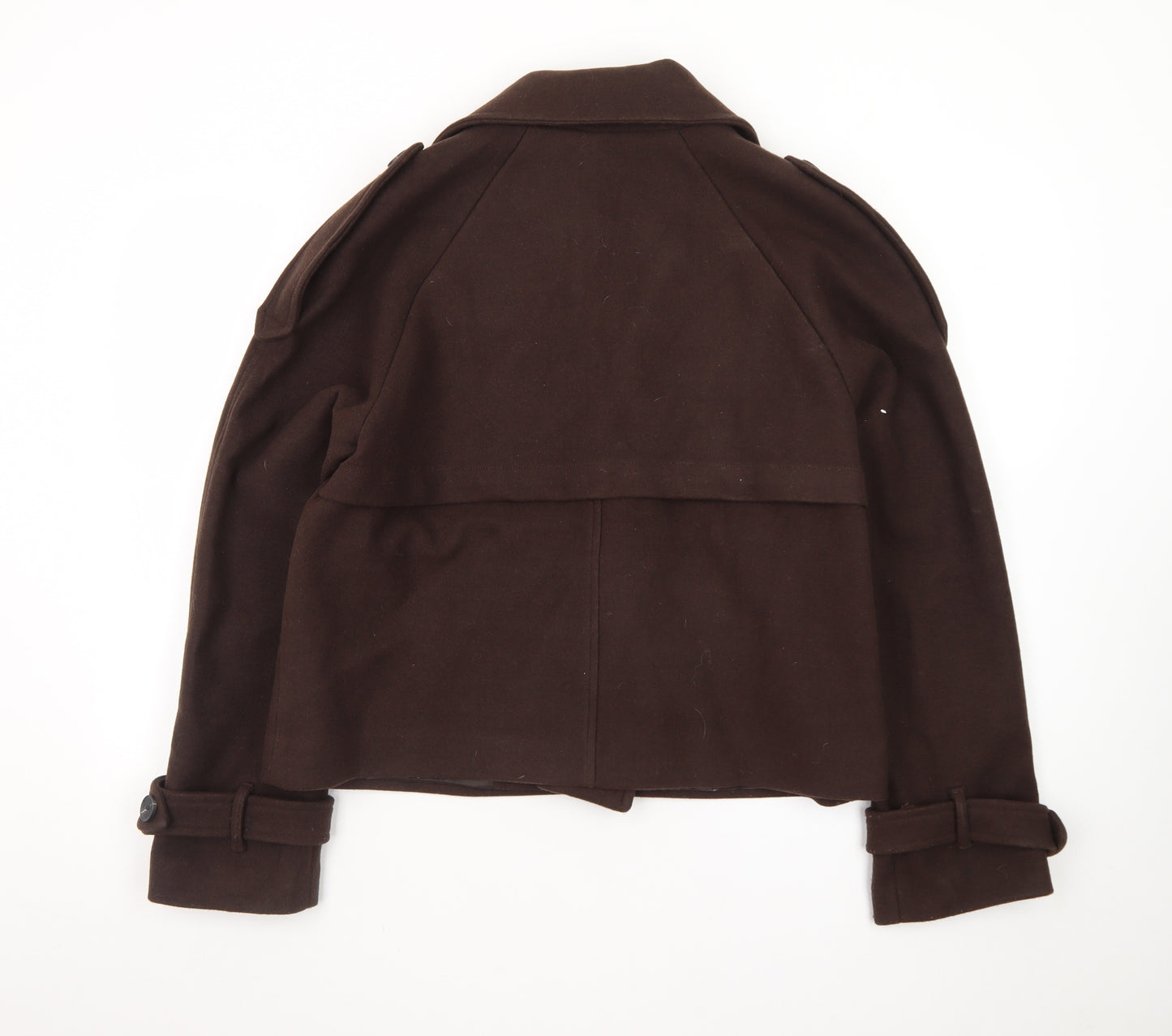 Bershka Women's Brown Wool Pea Coat Size 14 Cropped Buttoned Jacket