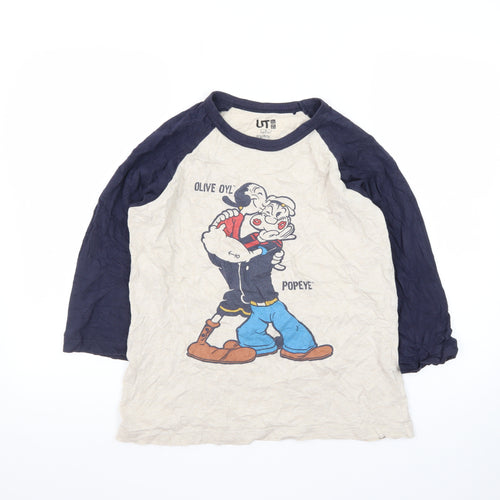 Uniqlo Men Beige Navy Popeye Graphic 3/4 Sleeve T-Shirt Size S