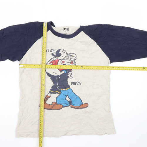Uniqlo Men Beige Navy Popeye Graphic 3/4 Sleeve T-Shirt Size S