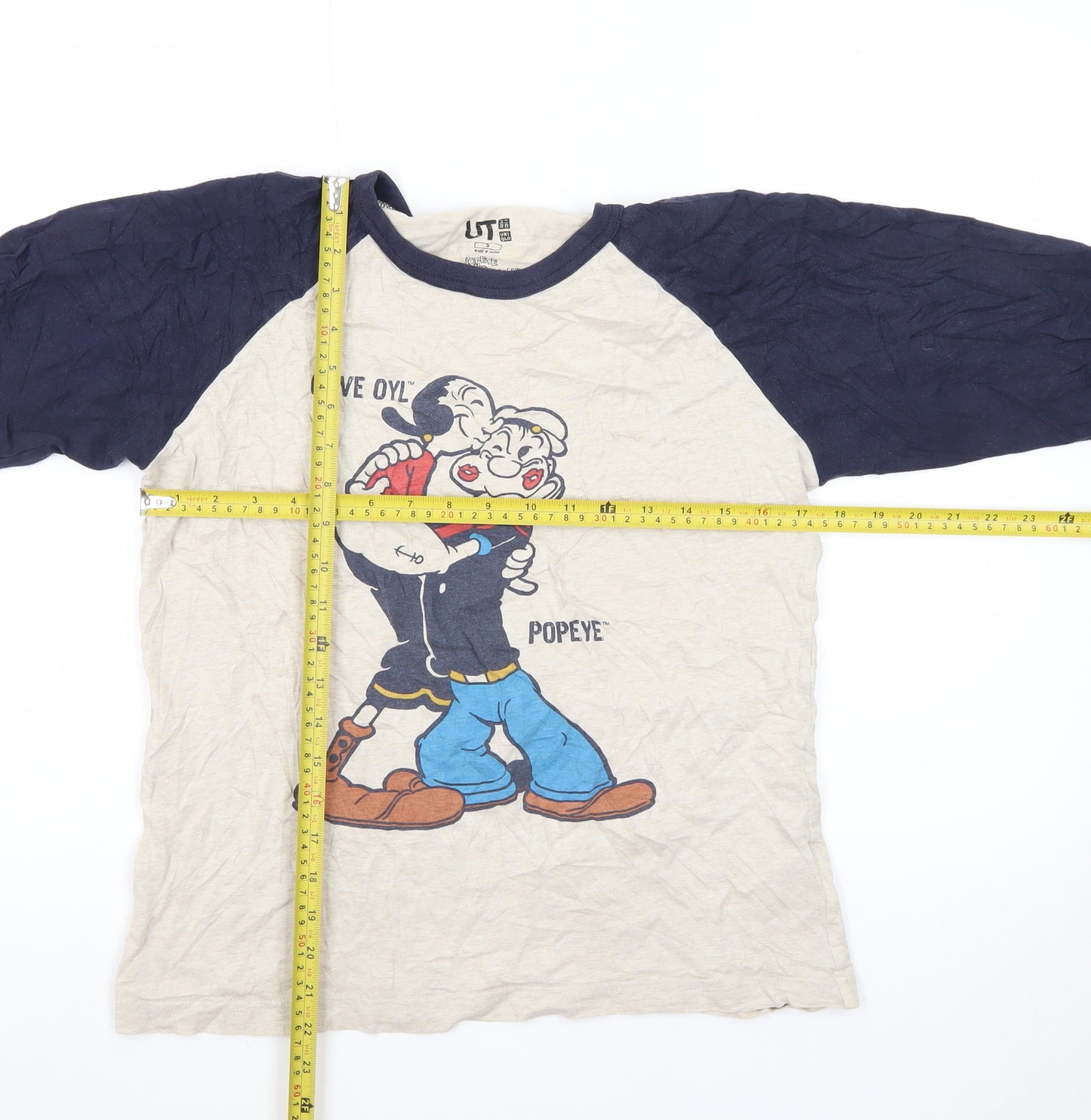 Uniqlo Men Beige Navy Popeye Graphic 3/4 Sleeve T-Shirt Size S