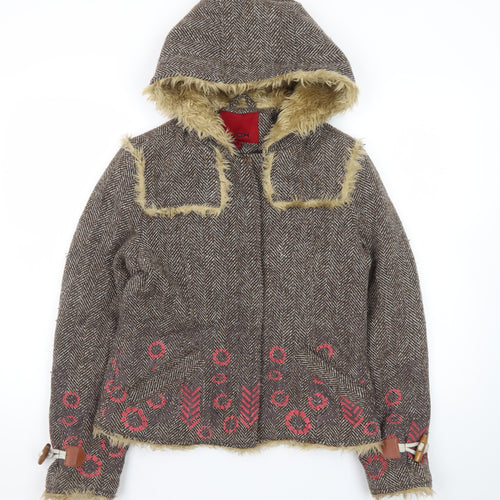 Wax Women's Brown Faux Fur Hooded Tweed Jacket Size 12