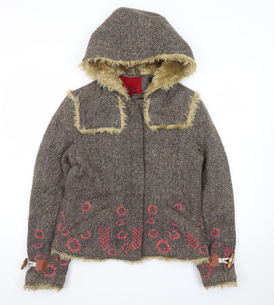 Wax Women's Brown Faux Fur Hooded Tweed Jacket Size 12