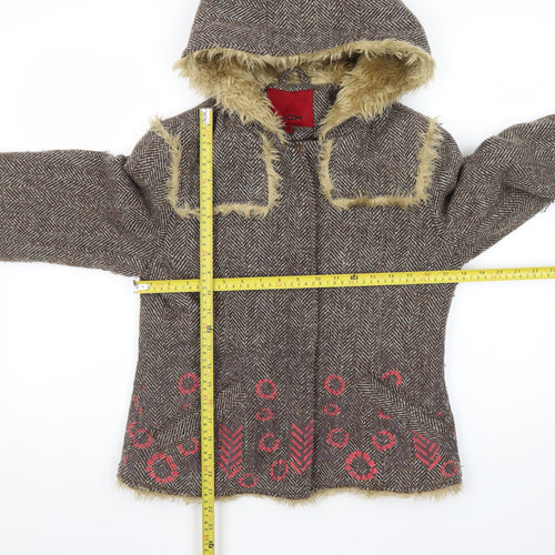 Wax Women's Brown Faux Fur Hooded Tweed Jacket Size 12