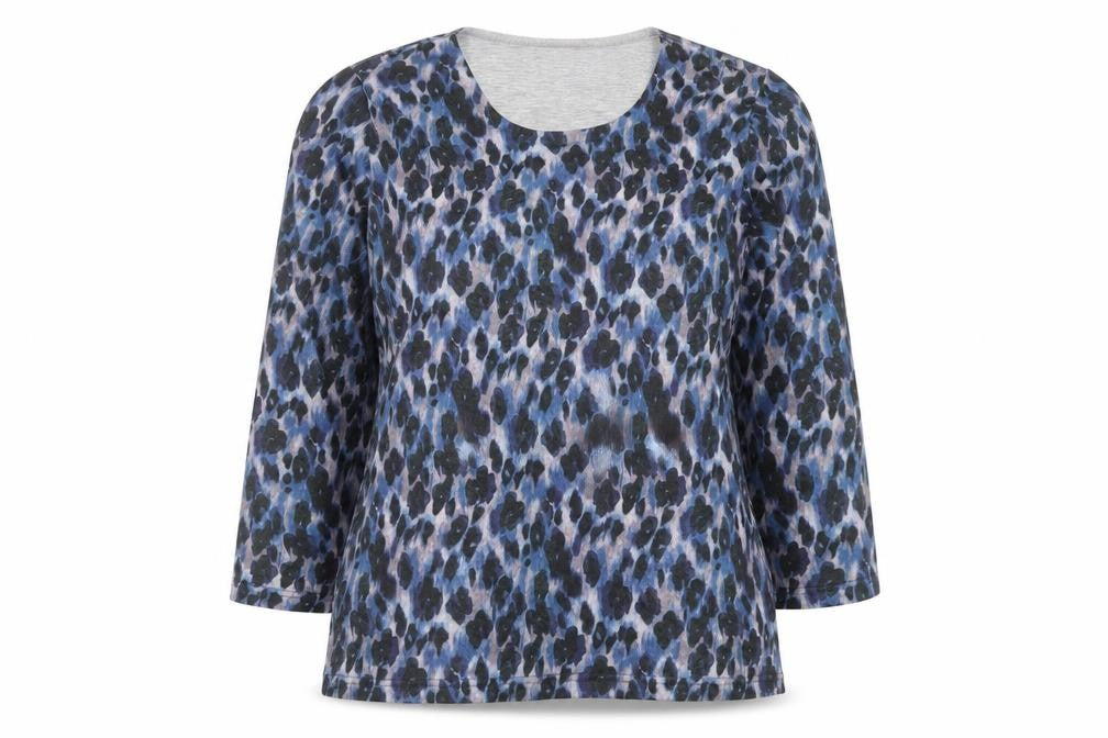Bassini Women's Blue Animal Print Long Sleeve Cotton T-Shirt XL