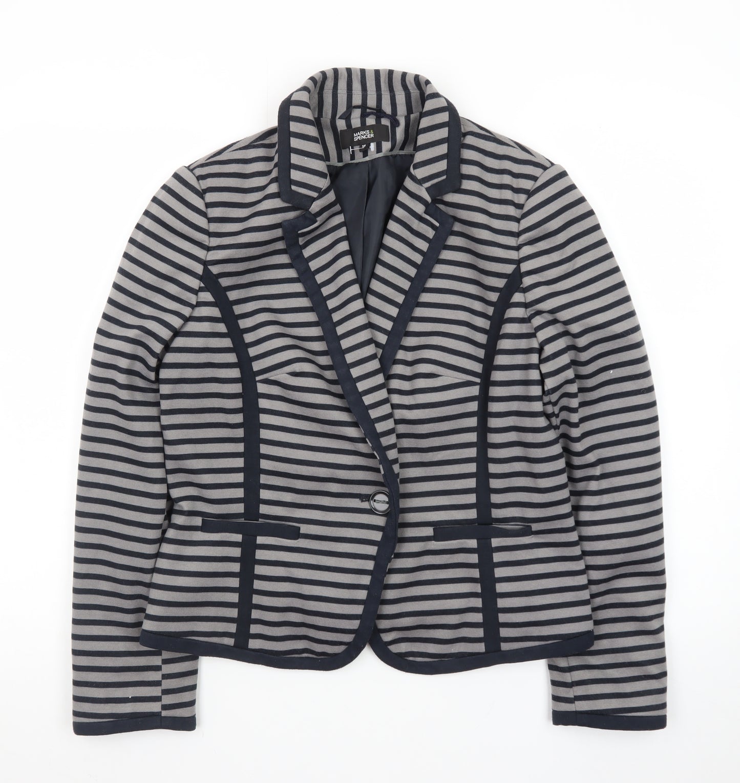 Marks and Spencer Women Grey Striped Blazer Size 14 Classic Style