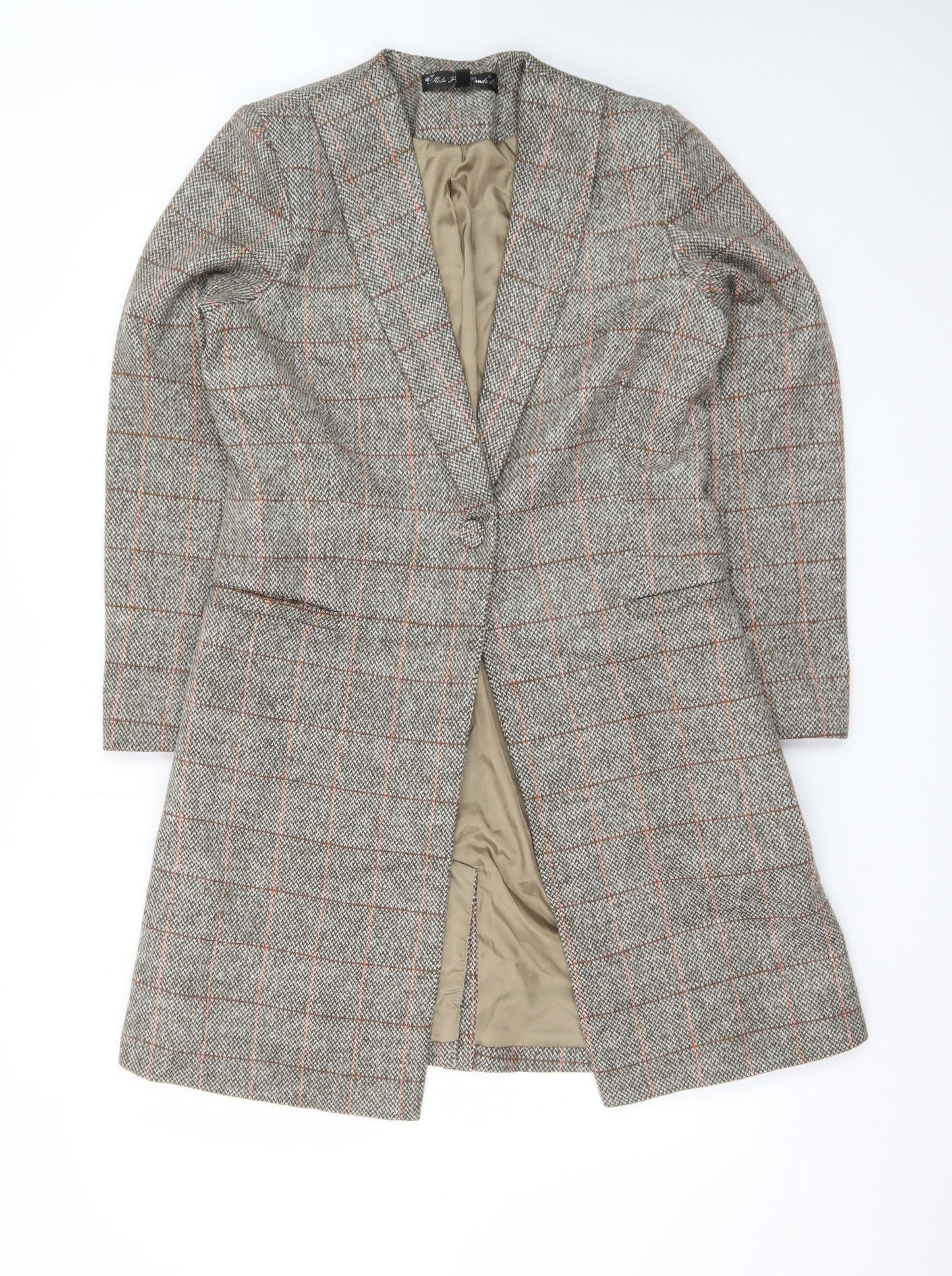 Kate Loves London Women Grey Checked Long Wool Blend Coat Size 12