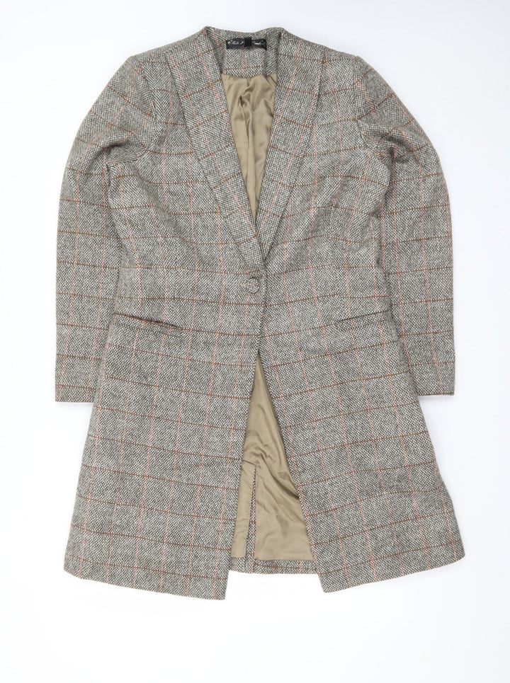 Kate Loves London Women Grey Checked Long Wool Blend Coat Size 12