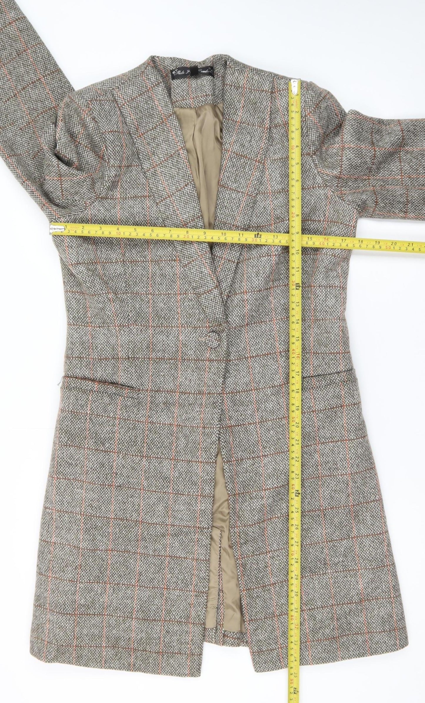 Kate Loves London Women Grey Checked Long Wool Blend Coat Size 12