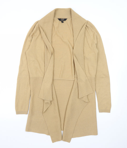 Lipsy London Women Beige Long Sleeve Open Front Ribbed Cardigan M
