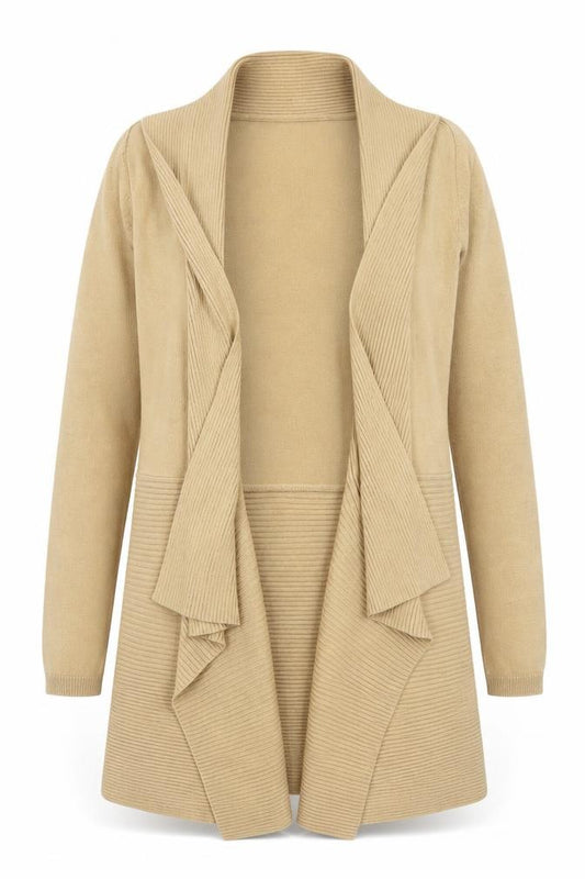 Front view of Lipsy London Women Beige Long Sleeve Open Front Ribbed Cardigan M