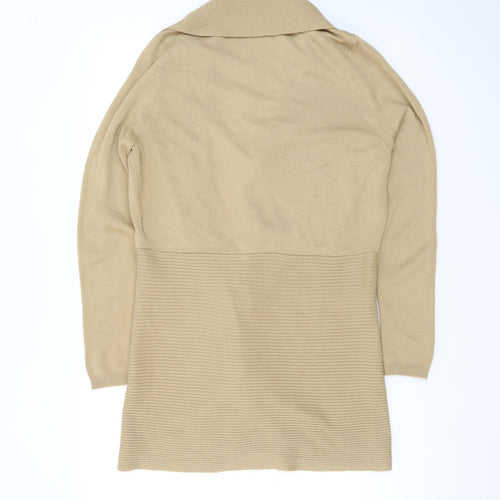 Lipsy London Women Beige Long Sleeve Open Front Ribbed Cardigan M