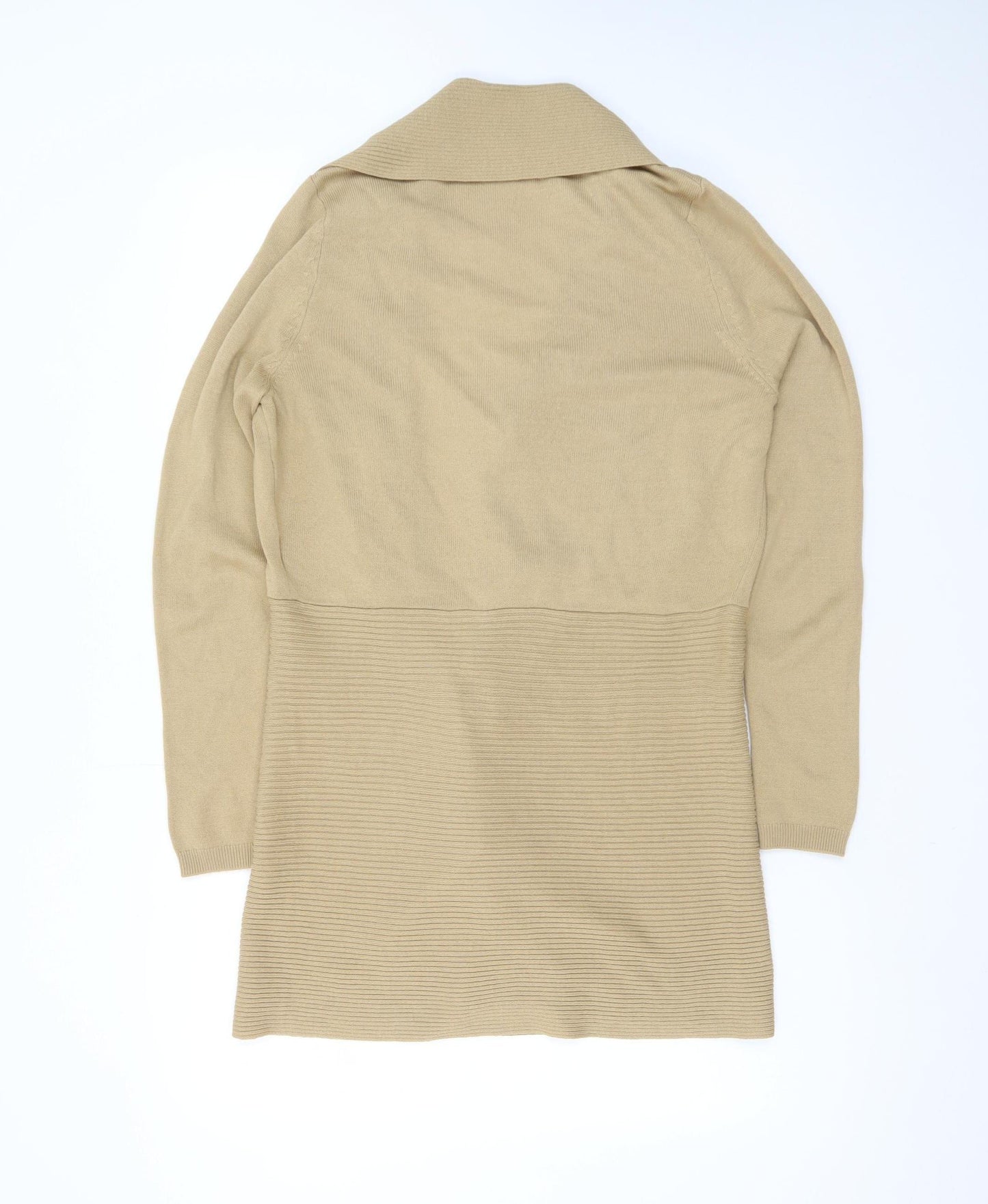 Lipsy London Women Beige Long Sleeve Open Front Ribbed Cardigan M