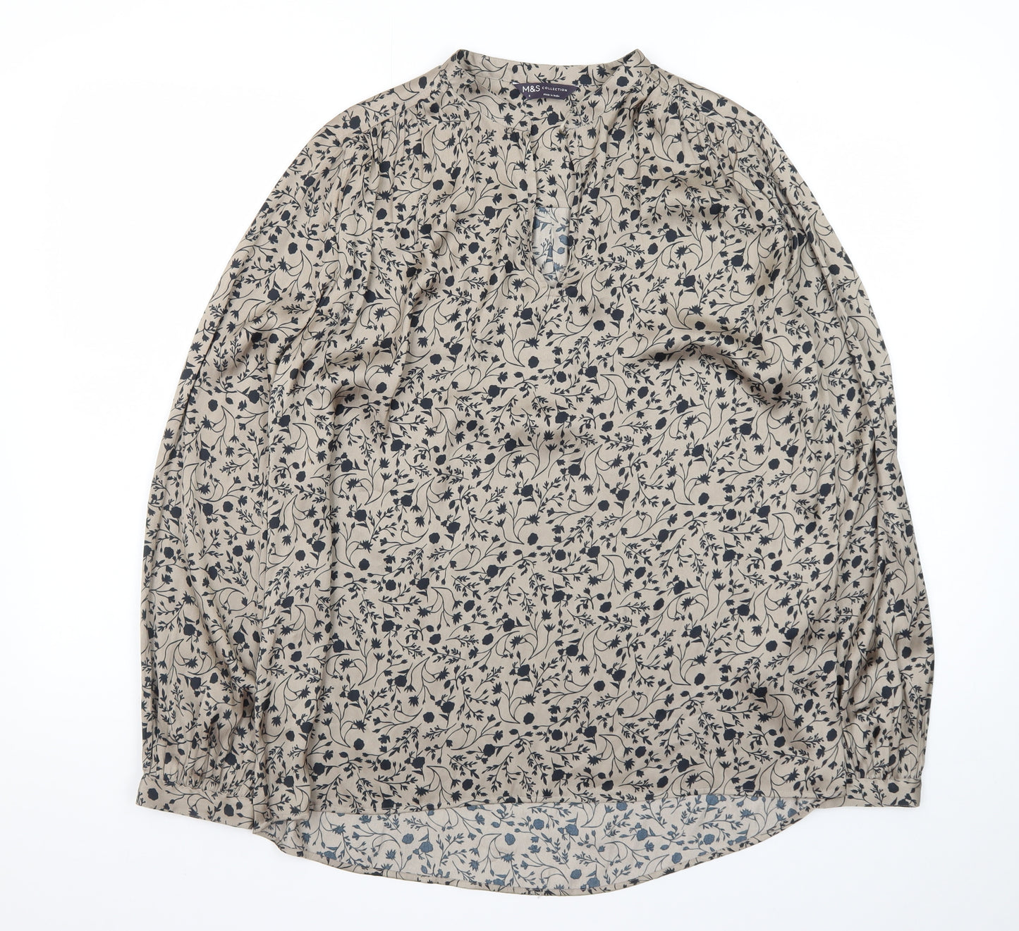 Marks and Spencer Womens Beige Floral Viscose Long Sleeve Blouse Size 8