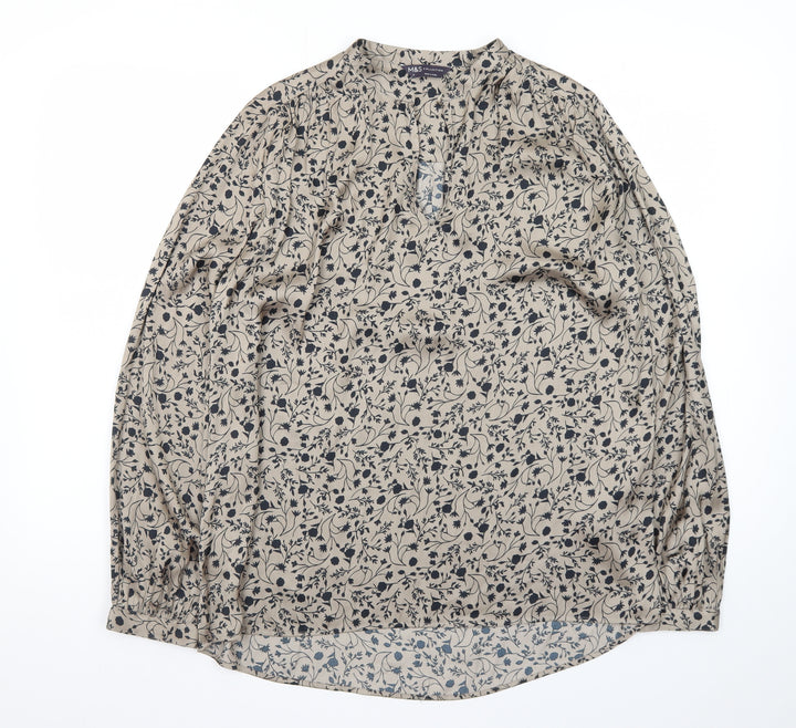Marks and Spencer Womens Beige Floral Viscose Long Sleeve Blouse Size 8