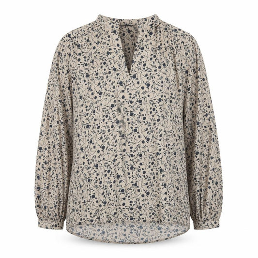 Front view of Marks & Spencer women’s beige floral viscose long sleeve blouse, size UK 8