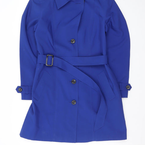 Marks and Spencer Women Blue Size 14 Trench Coat Belted Mid-Length Polyester