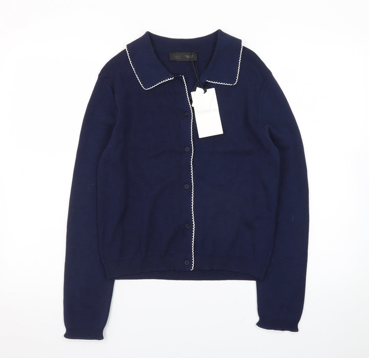 ZARA Women's Blue Collared Button Knit Cardigan Size S