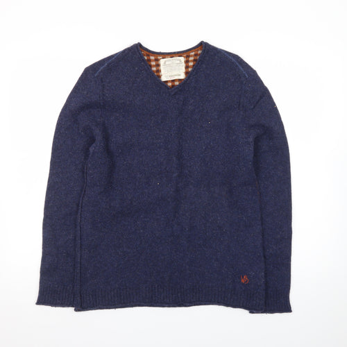 White Stuff Men's Blue Wool V-Neck Pullover Jumper Medium