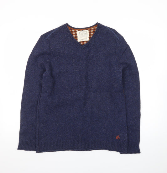 White Stuff Men's Blue Wool V-Neck Pullover Jumper Medium