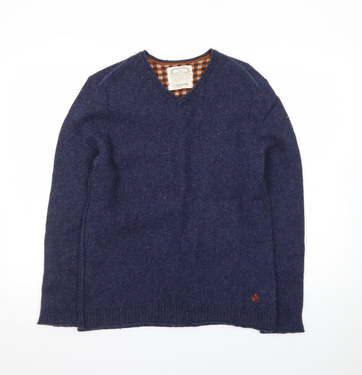 White Stuff Men's Blue Wool V-Neck Pullover Jumper Medium