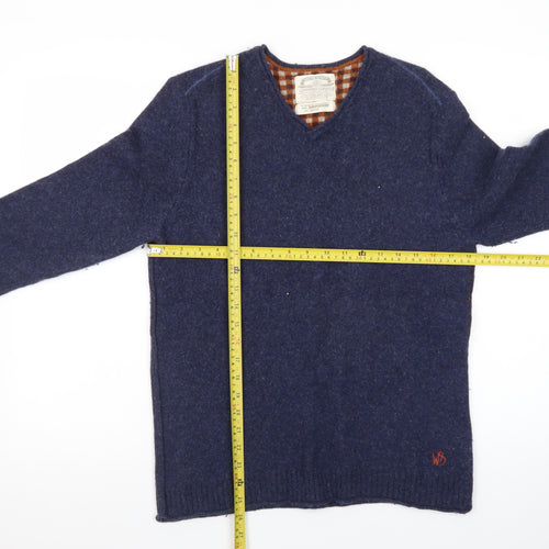 White Stuff Men's Blue Wool V-Neck Pullover Jumper Medium