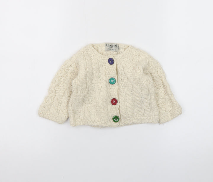 Blarney Woollen Mills Ivory Baby Aran Knit Wool Cardigan 6-9 Months