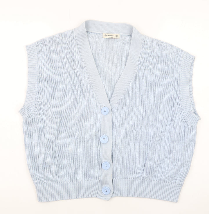 Stradivarius Women Blue Sleeveless Knit Cardigan Vest Size 8