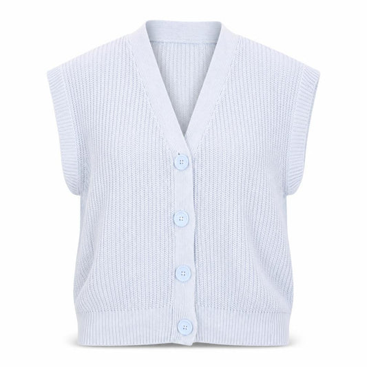 Front view of Stradivarius Women Blue Sleeveless Knit Cardigan Vest, size 8