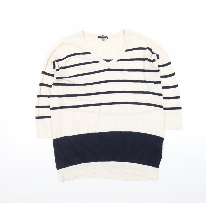 Warehouse Women’s Multicoloured Striped V-Neck Cotton Jumper Size 12