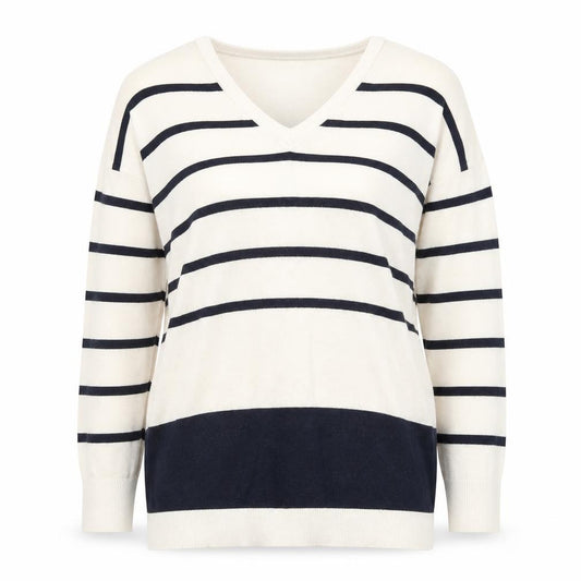 Front view of Warehouse Women’s Multicoloured Striped V-Neck Cotton Jumper, size UK 12